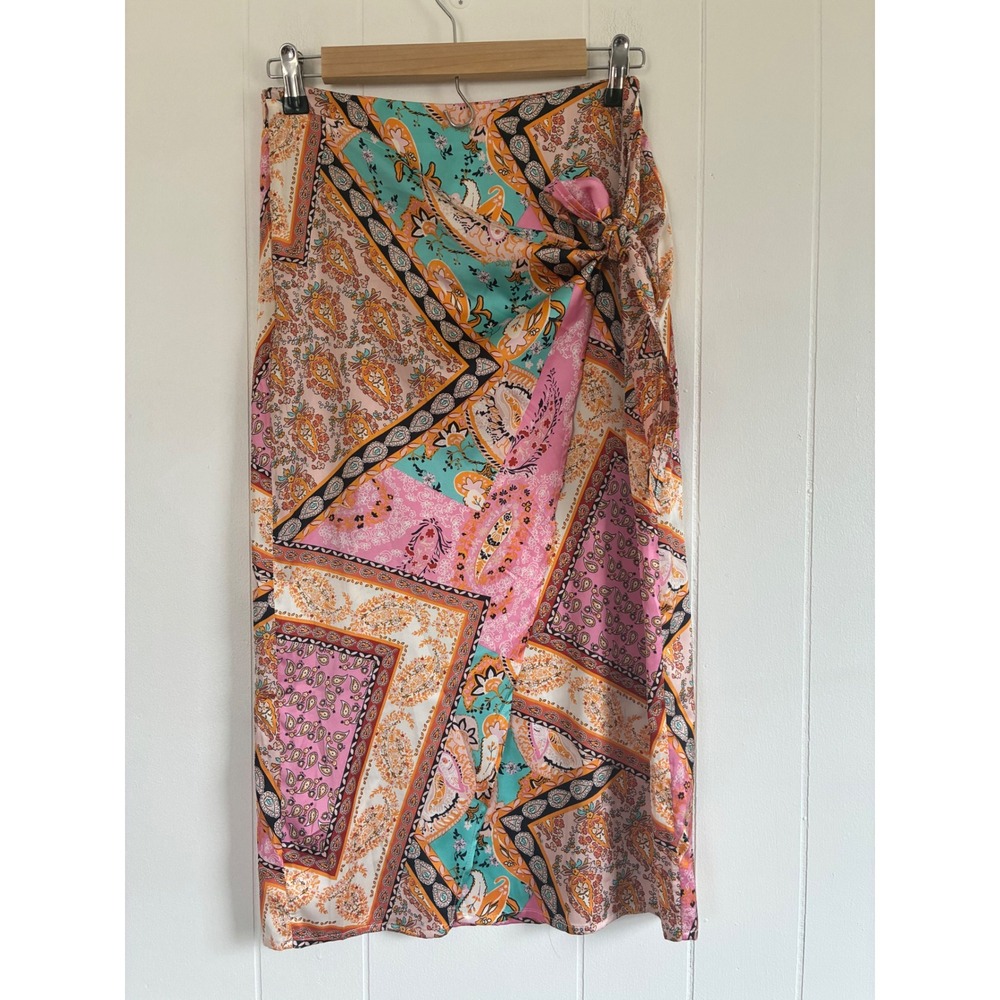 NWT Zaful Womens Paisley Patchwork Faux Wrap Midi Skirt Pink Turquoise US 4